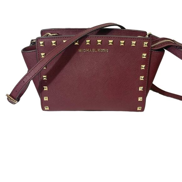 Michael Kors Burgundy Saffiano Leather Selma StuddedSatchel Crossbody Bag